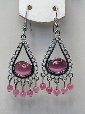 Silver Tone Pink Cat Eye Chandelier Earrings Beaded Dangle Boho